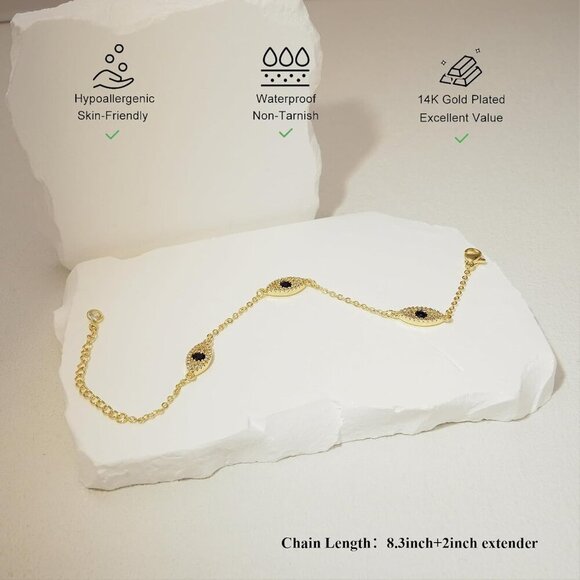 14K Gold Plated Evil Eye Stackable Link Chain Ring Bracelet Hand Chain for Women - Picture 6 of 8